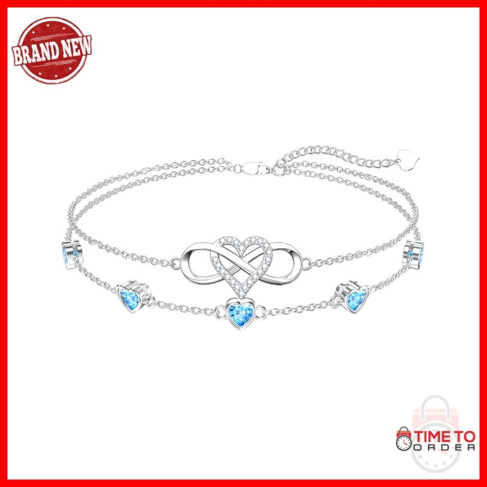Sterling Silver Infinity Heart Birthstone Anklet Bracelet Adjustable Elegant